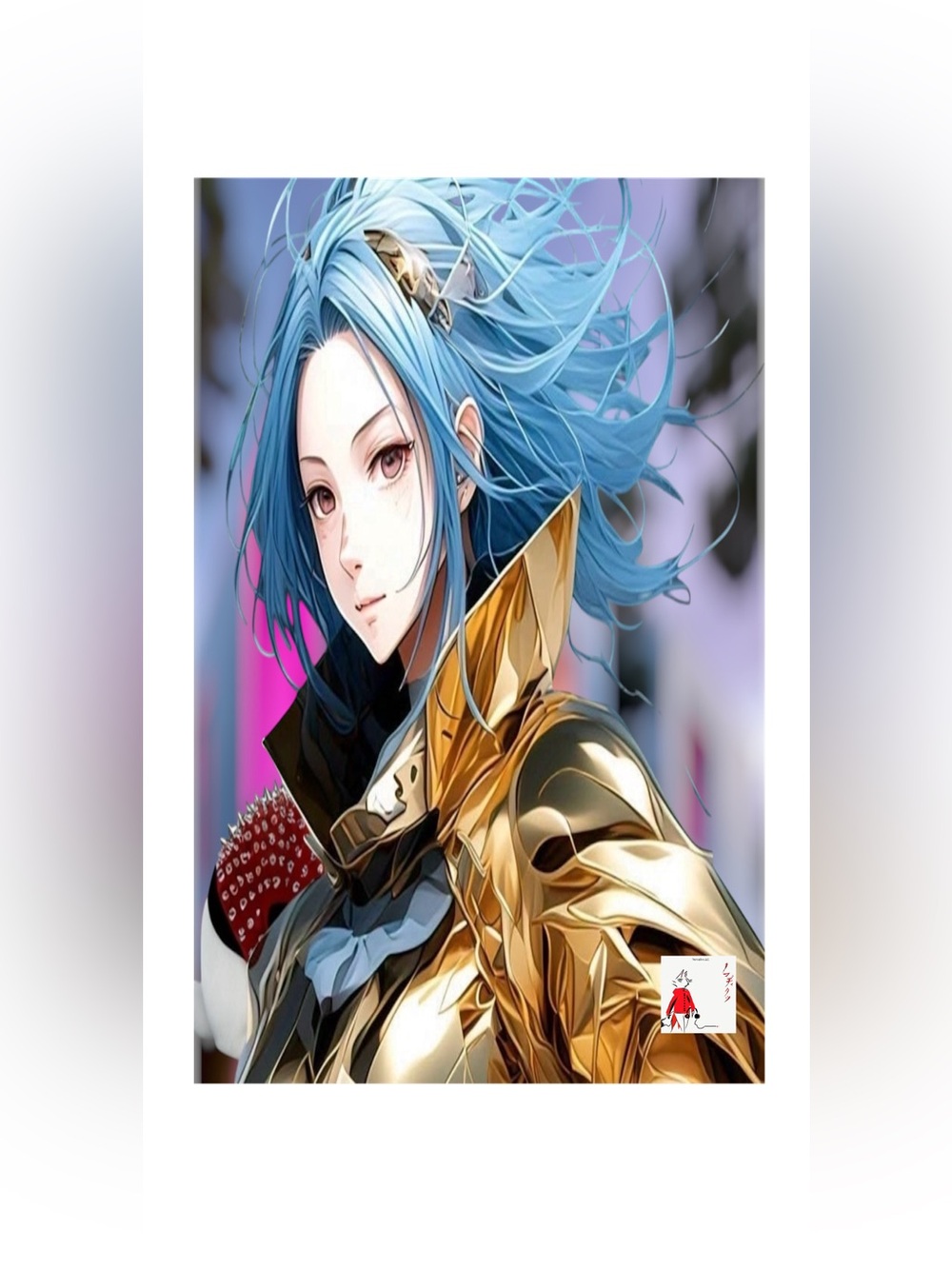 Blue-Haired Anime Art Print with Metallic Gold Armor